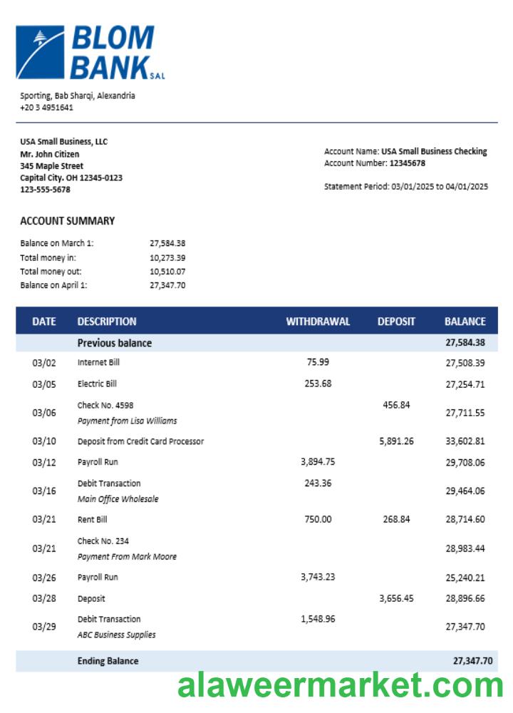 Blom Bank of Egypt enterprise account statement Word and PDF template